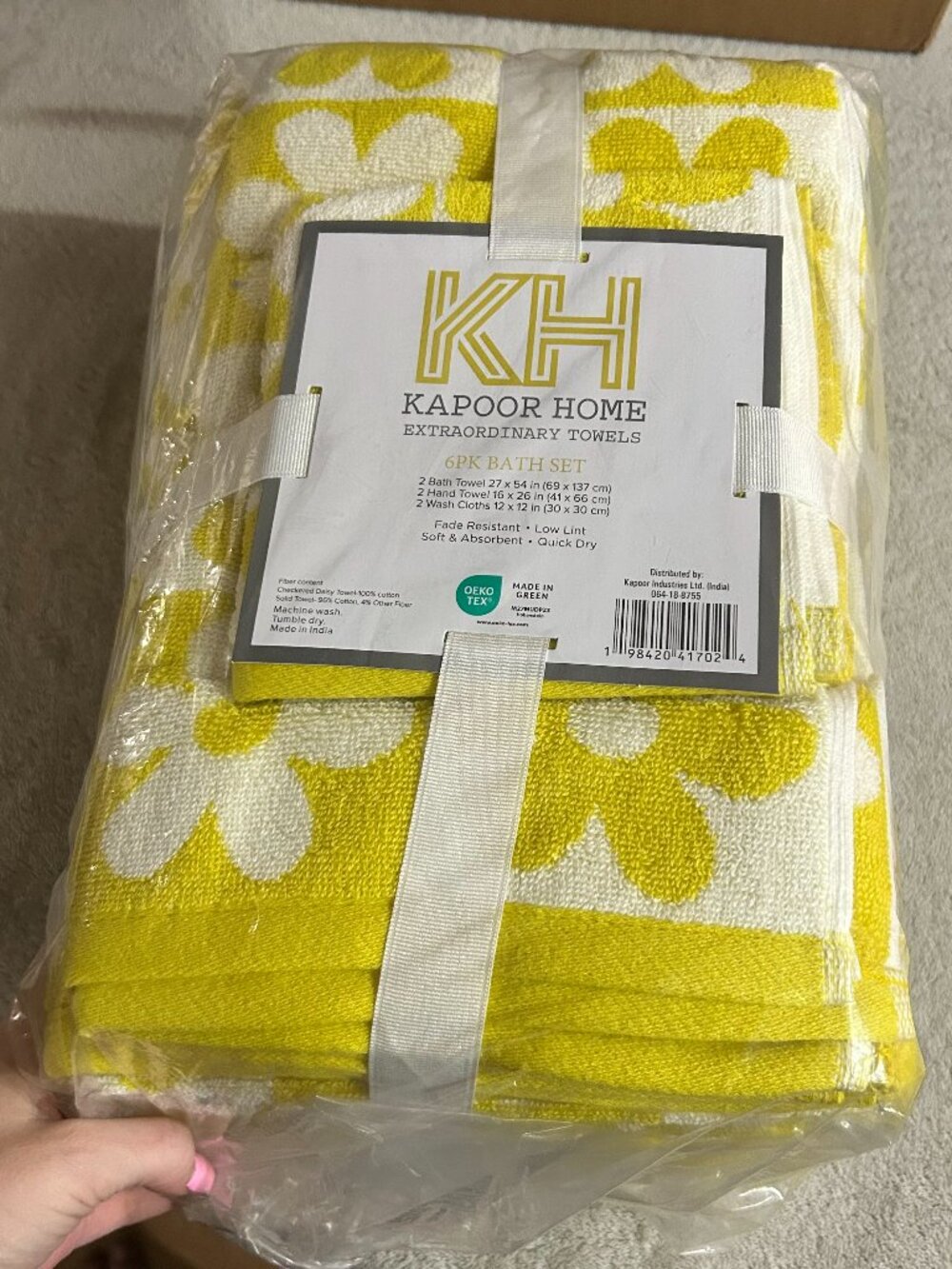 Kapoor Home Yellow Floral 6-Piece Bath Towel Set - NIP